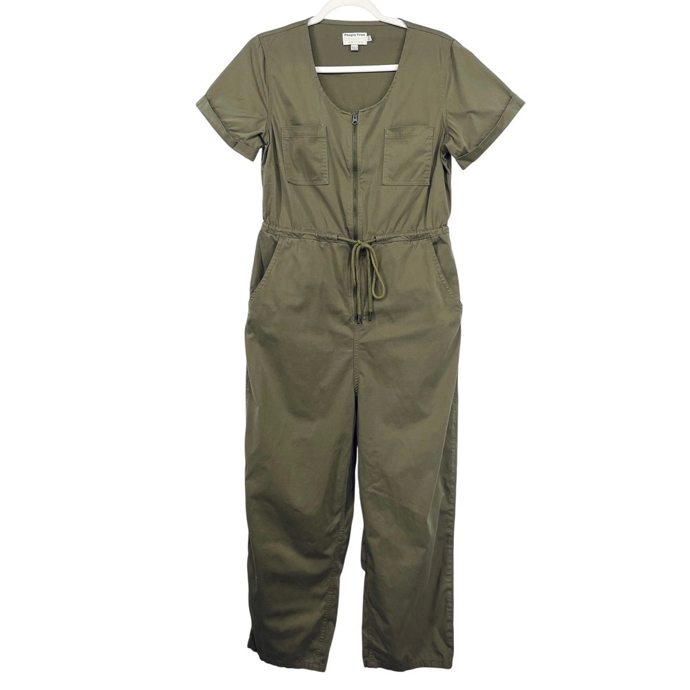 People Tree Womens Size 8 Utility‎ Jumpsuit Olive Green Organic Cotton Zip Front